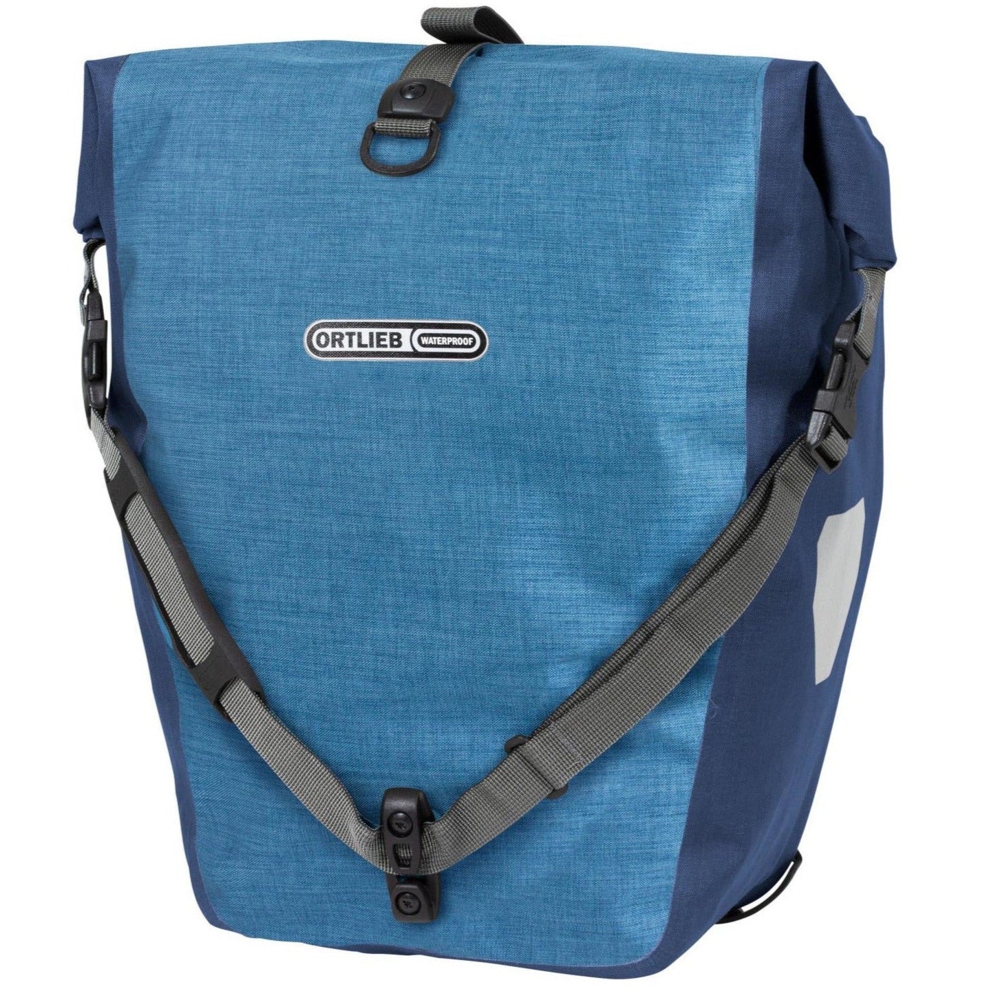 Ortlieb Backroller plus blå sideveske sykkelveske elsykkel foran